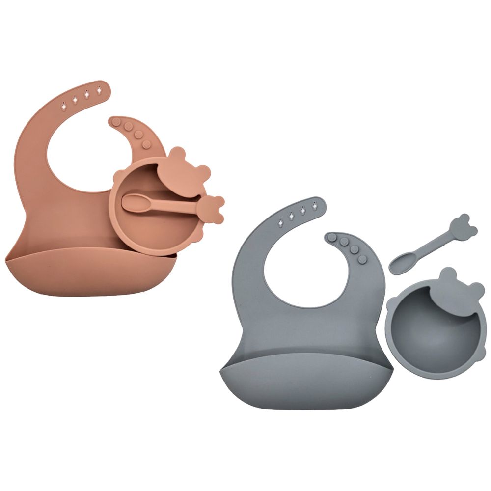 Pixie Baby Silicone Feeding Set Pack of 2 - Peach, Gray