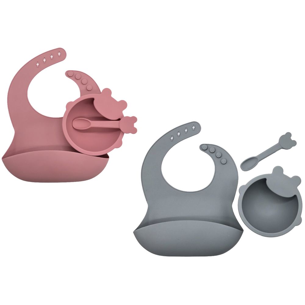 Pixie Baby Silicone Feeding Set Pack of 2 - Pink, Gray