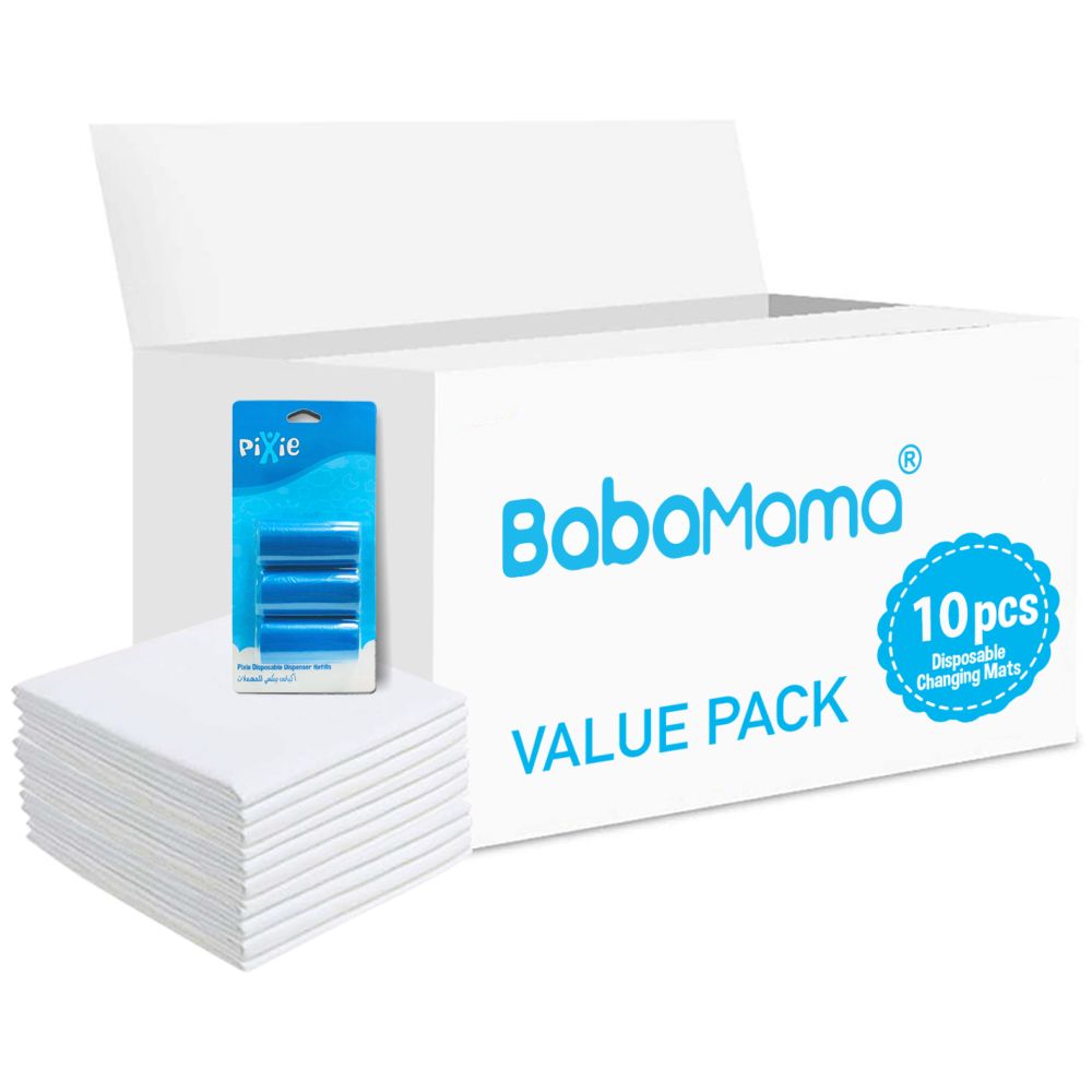 Babamama - Changing Mats 10 + Pixie - Bib 10 + Pack Of 1 Refill Blue 60 Nappy Bags