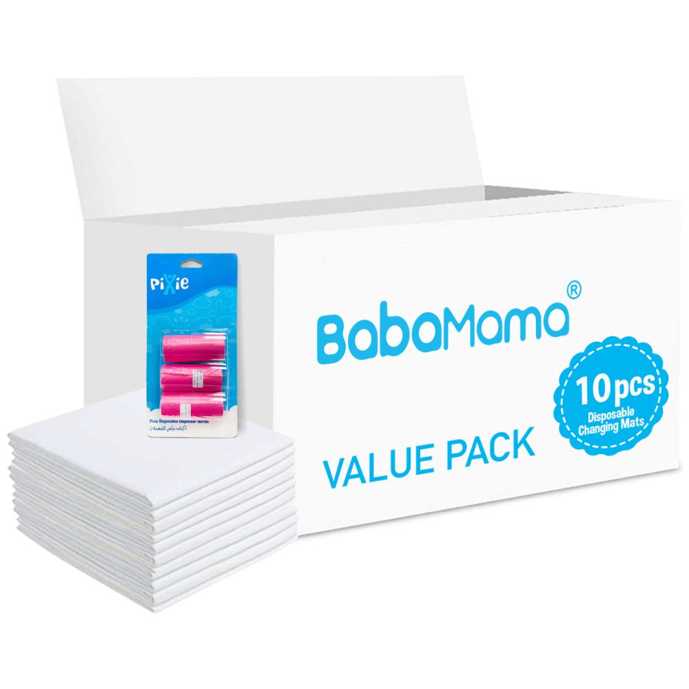 Babamama - Changing Mats 10 + Pixie - Bib 10 + Pack Of 1 Refill Pink 60 Nappy Bags