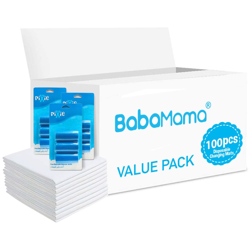 Babamama - Changing Mats 100 + Pixie - Bib 100 + Pack Of 3 Refill Blue 180 Nappy Bags