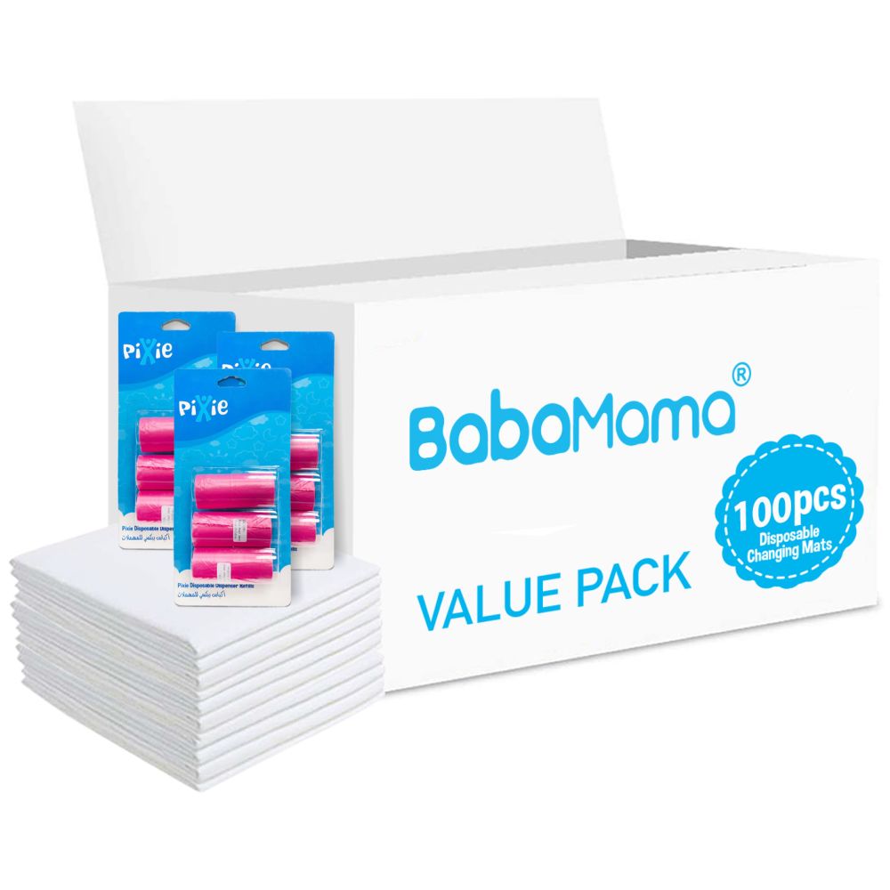 Babamama - Changing Mats 100 + Pixie - Bib 100 + Pack Of 3 Refill Pink 180 Nappy Bags