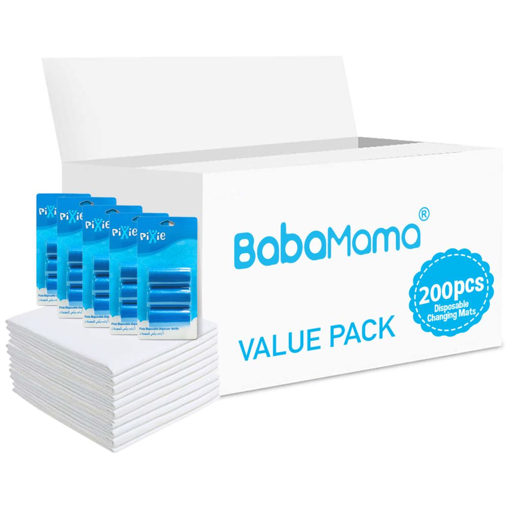 Babamama - Changing Mats 200 + Pixie - Bib 200 + Pack Of 5 Refill Blue 300 Nappy Bags