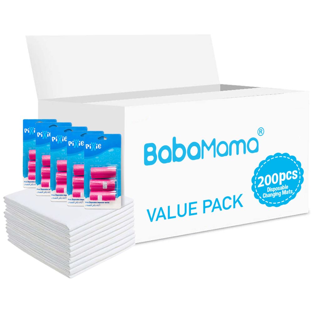 Babamama - Changing Mats 200 + Pixie - Bib 200 + Pack Of 5 Refill Pink 300 Nappy Bags