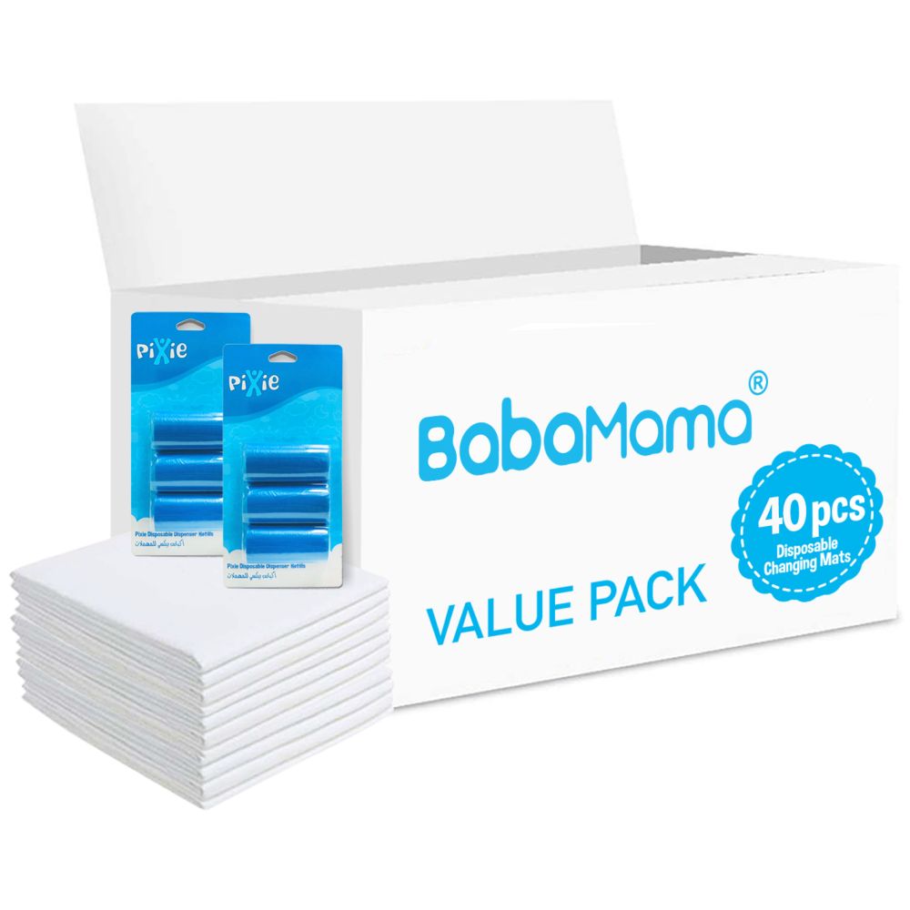 Babamama - Changing Mats 40 + Pixie - Bib 40 + Pack Of 2 Refill Blue 120 Nappy Bags