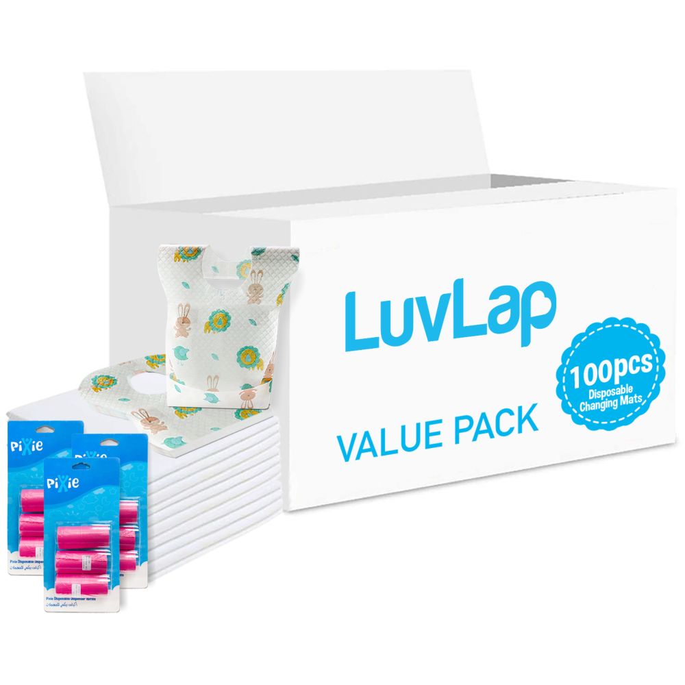 Luvlap - Changing Mats 100 + Pixie - Bib 100 + Pack Of 3 Refill Pink 180 Nappy Bags