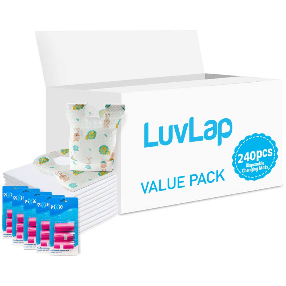 Luvlap - Changing Mats 240 + Pixie - Bib 240 + Pack Of 5 Refill Pink 300 Nappy Bags