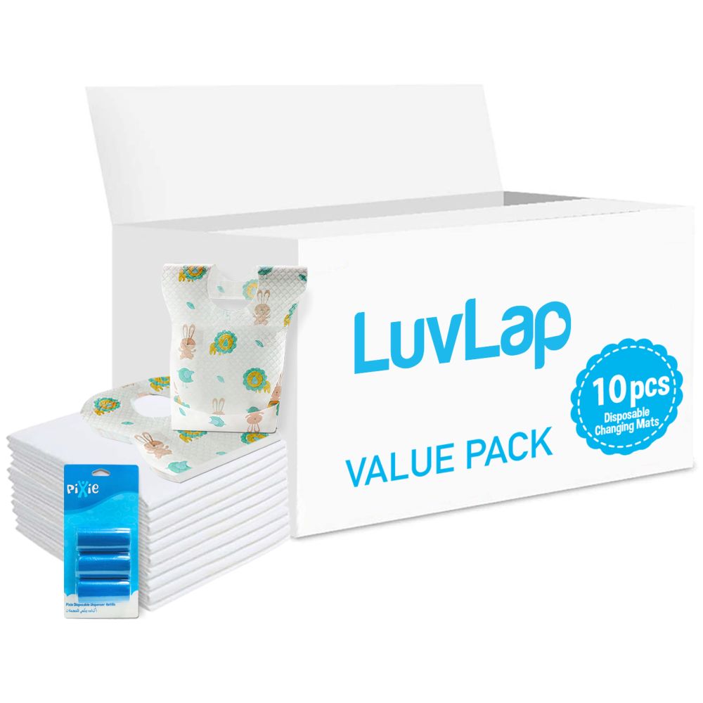 Luvlap - Changing Mats 10 + Pixie - Bib 10 + Pack Of 1 Refill Blue 60 Nappy Bags