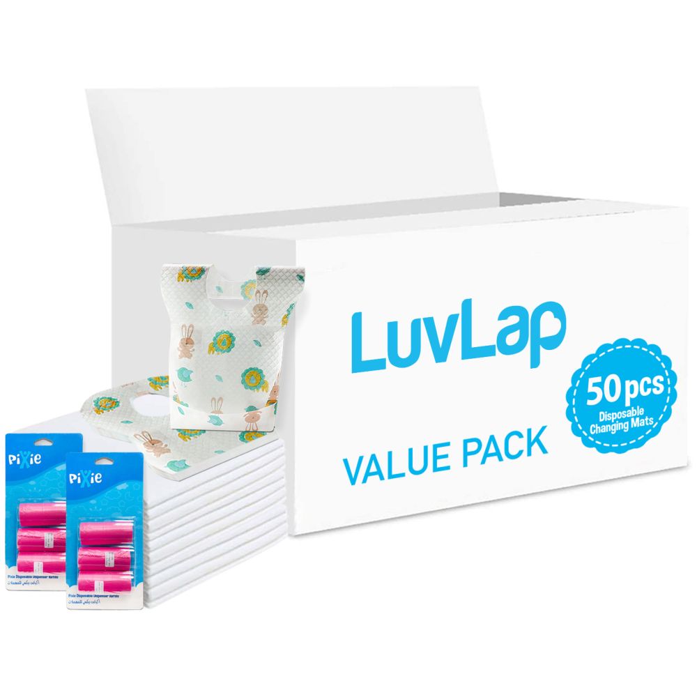 Luvlap - Changing Mats 50 + Pixie - Bib 50 + Pack Of 2 Refill Pink 120 Nappy Bags