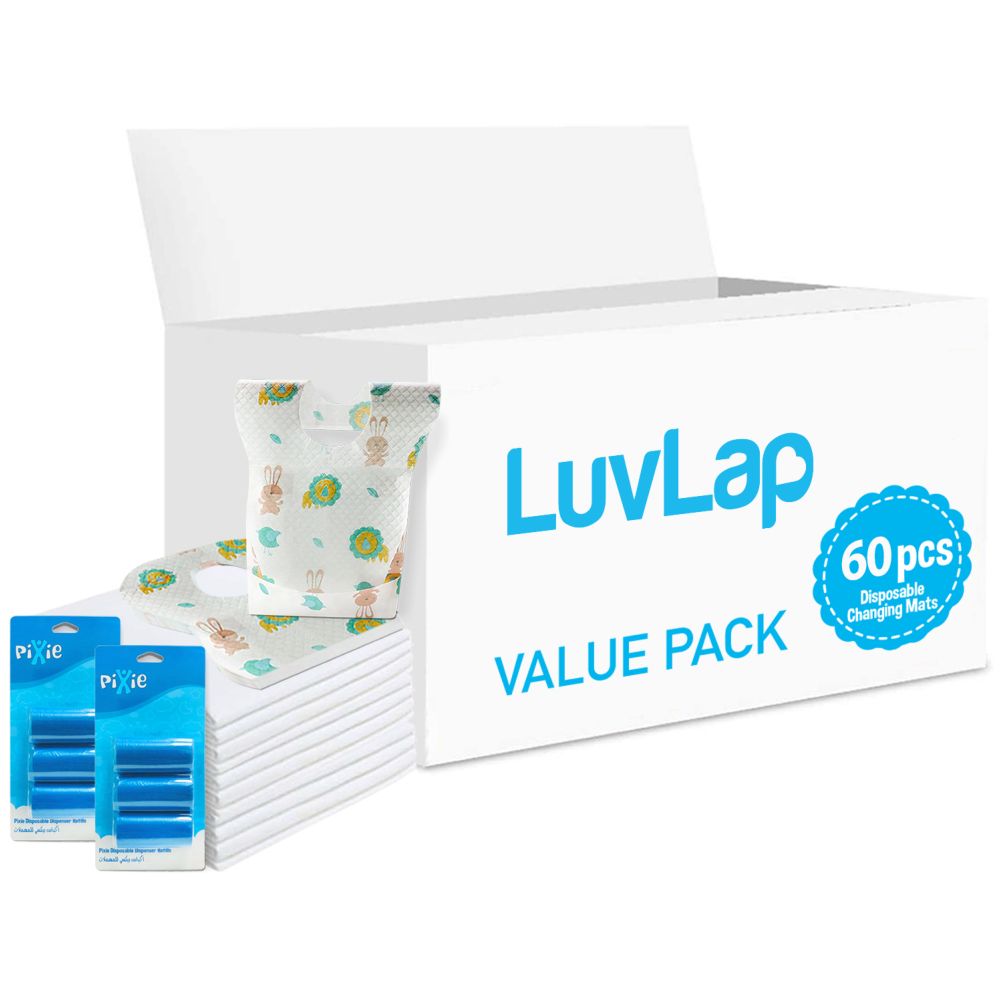 Luvlap - Changing Mats 60 + Pixie - Bib 60 + Pack Of 2 Refill Blue 120 Nappy Bags