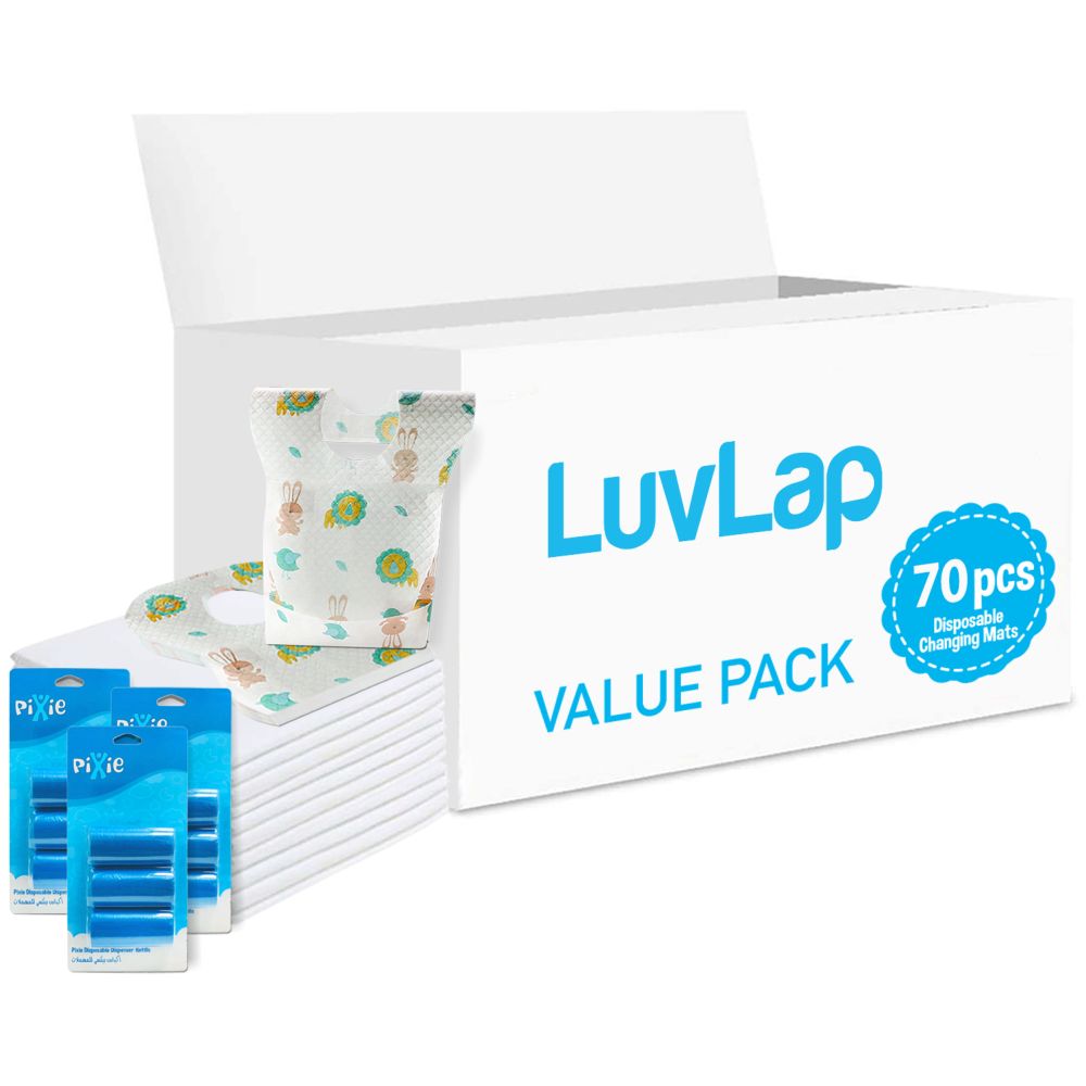 Luvlap - Changing Mats 70 + Pixie - Bib 70 + Pack Of 3 Refill Blue 180 Nappy Bags