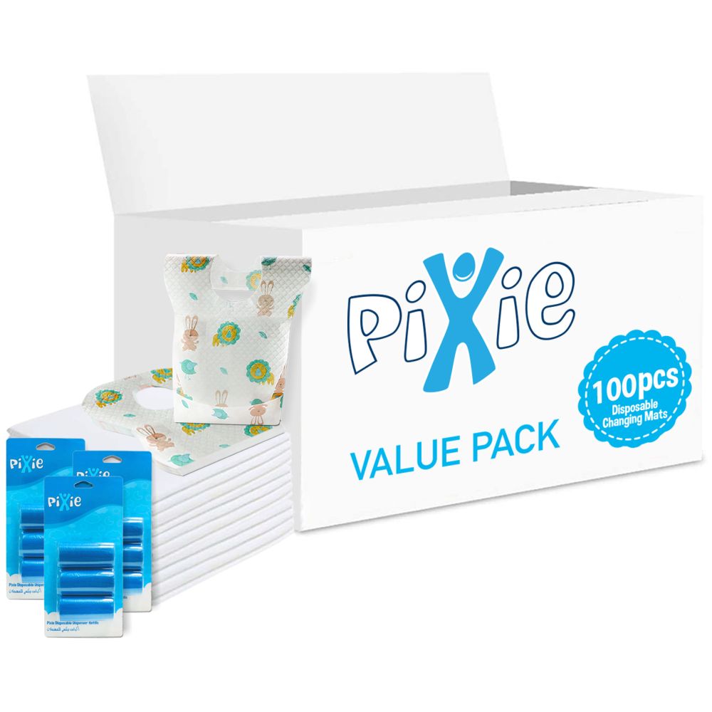 Pixie - Changing Mats 100 + Bib 100 + Pack Of 3 Refill Blue 180 Nappy Bags