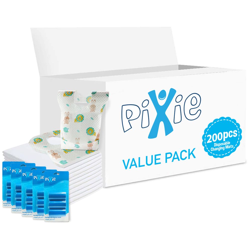 Pixie - Changing Mats 200 + Bib 200 + Pack Of 5 Refill Blue 300 Nappy Bags