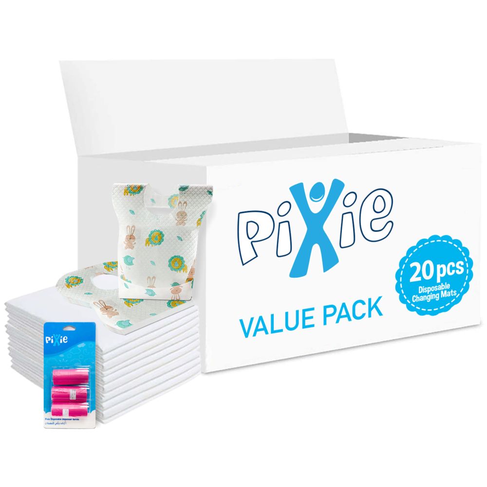 Pixie - Changing Mats 20 + Bib 20 + Pack Of 1 Refill Pink 60 Nappy Bags