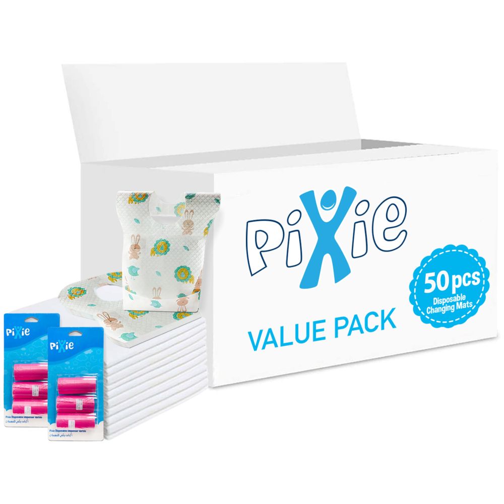 Pixie - Changing Mats 50 + Bib 50 + Pack Of 2 Refill Pink 120 Nappy Bags