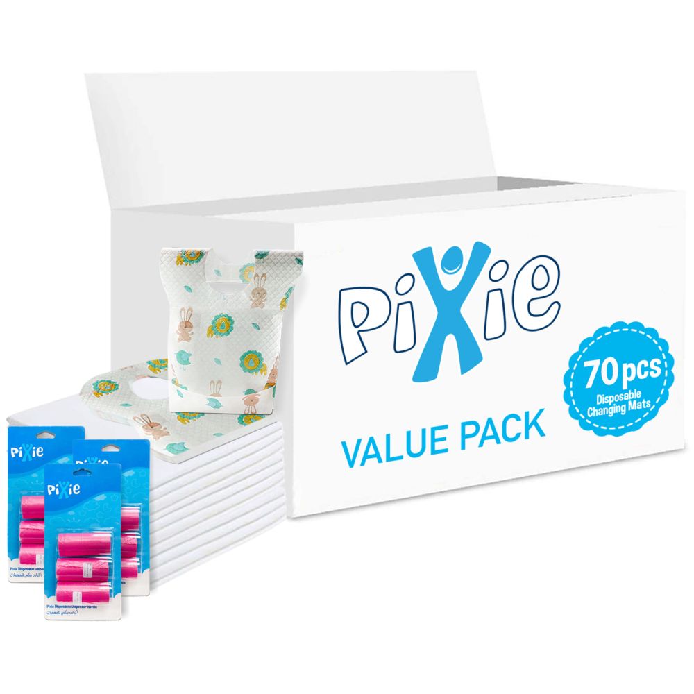 Pixie - Changing Mats 70 + Bib 70 + Pack Of 3 Refill Pink 180 Nappy Bags