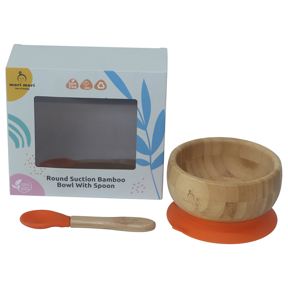 Mori Mori - Round Bowl with Spoon & Silicone Suction - Orange