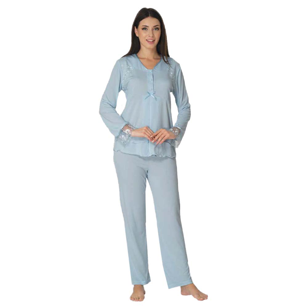 Mini Plum - Maternity Pajamas Set with Lace Details - Blue