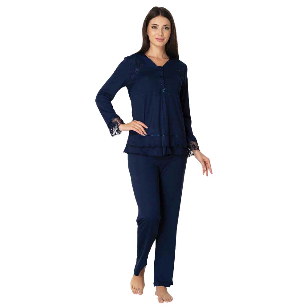 Mini Plum - Maternity Pajamas Set with Lace Details - Navy
