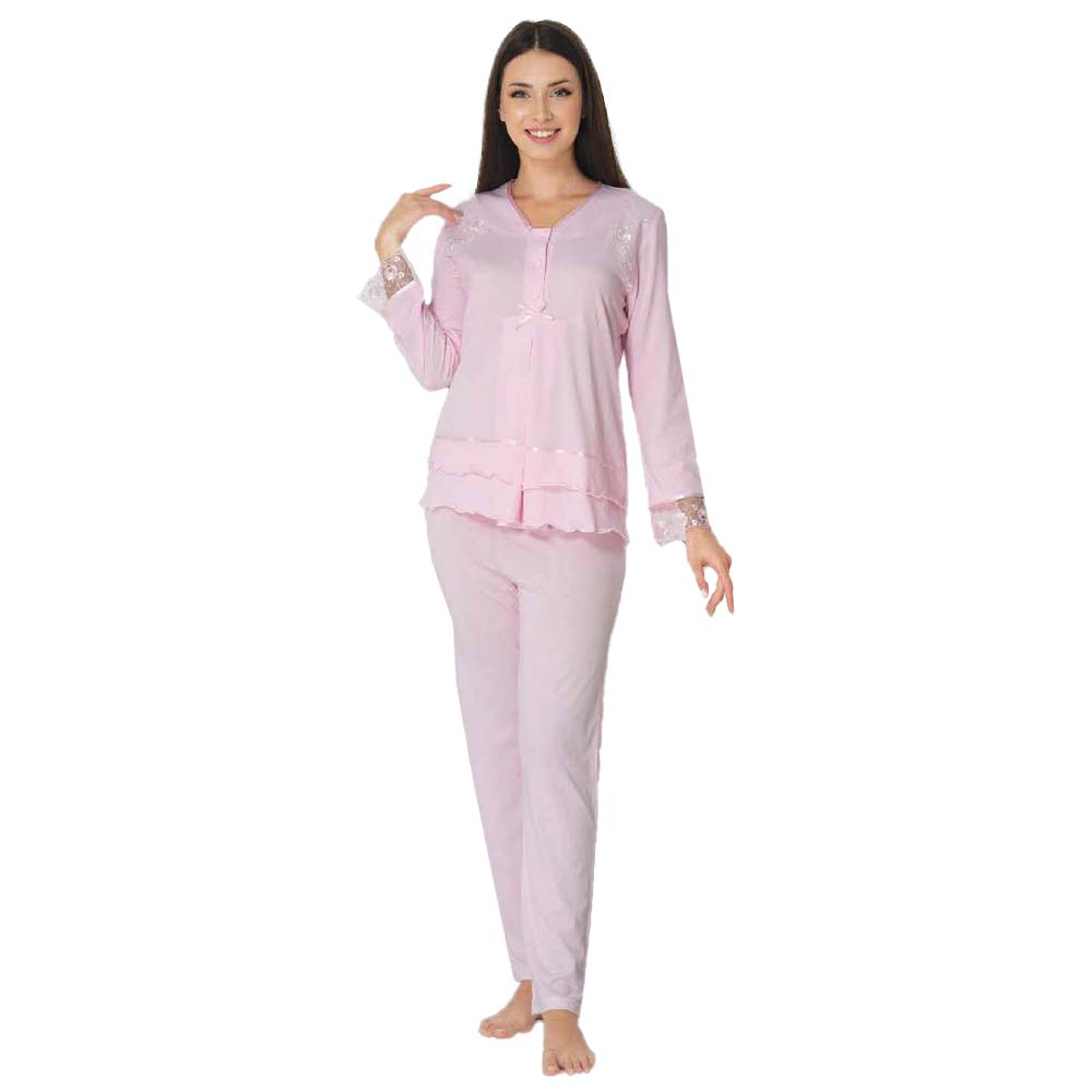 Mini Plum - Maternity Pajamas Set with Lace Details - Pink