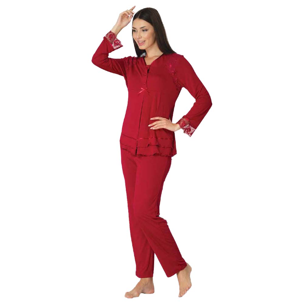Mini Plum - Maternity Pajamas Set with Lace Details - Red