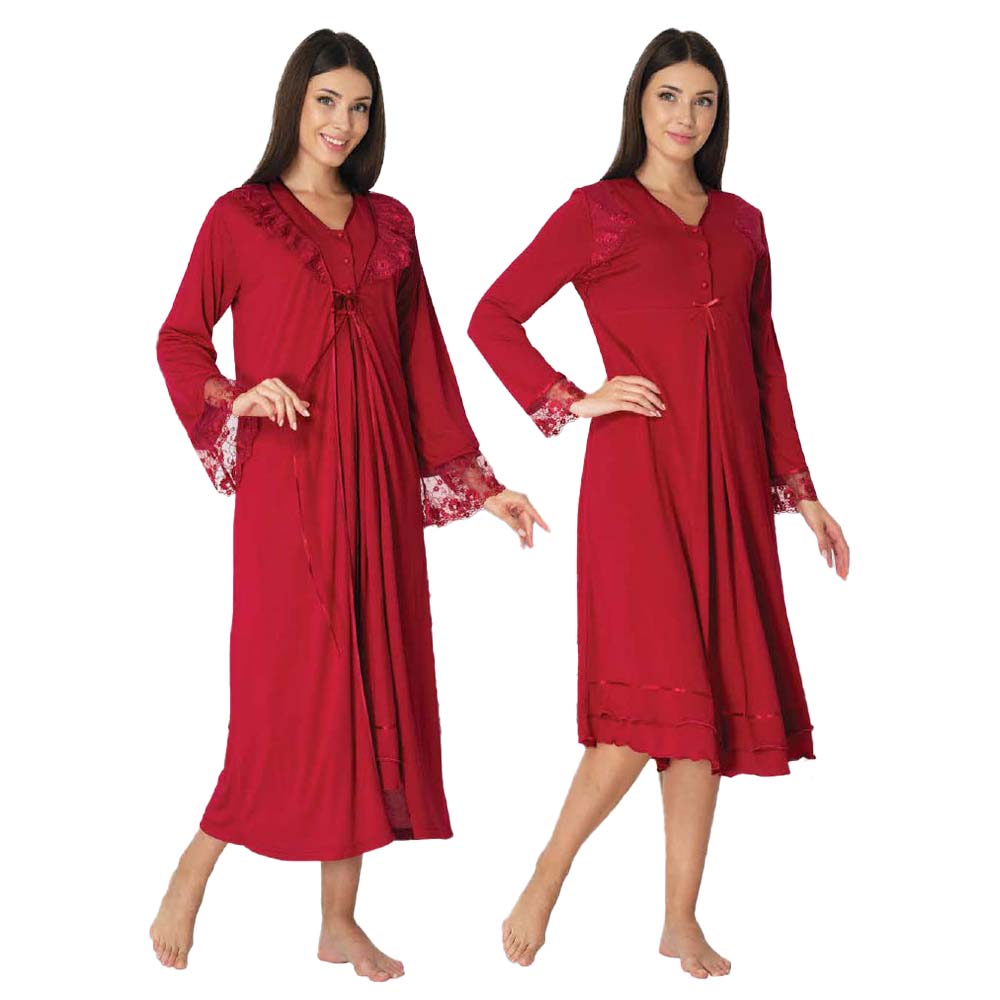 Mini Plum - 2pc-set - Lace Maternity Nightwear with Robe - Red