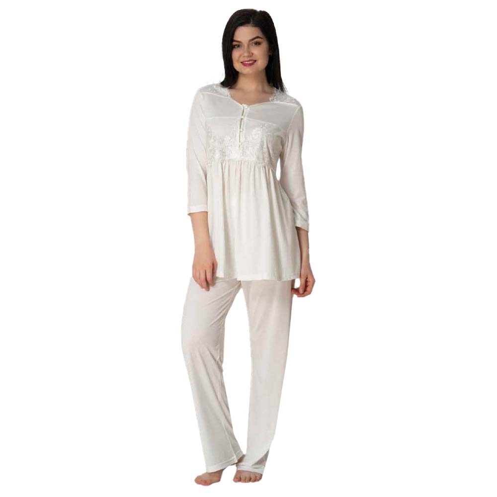 Mini Plum - Maternity Pajamas Set with Lace Details - White