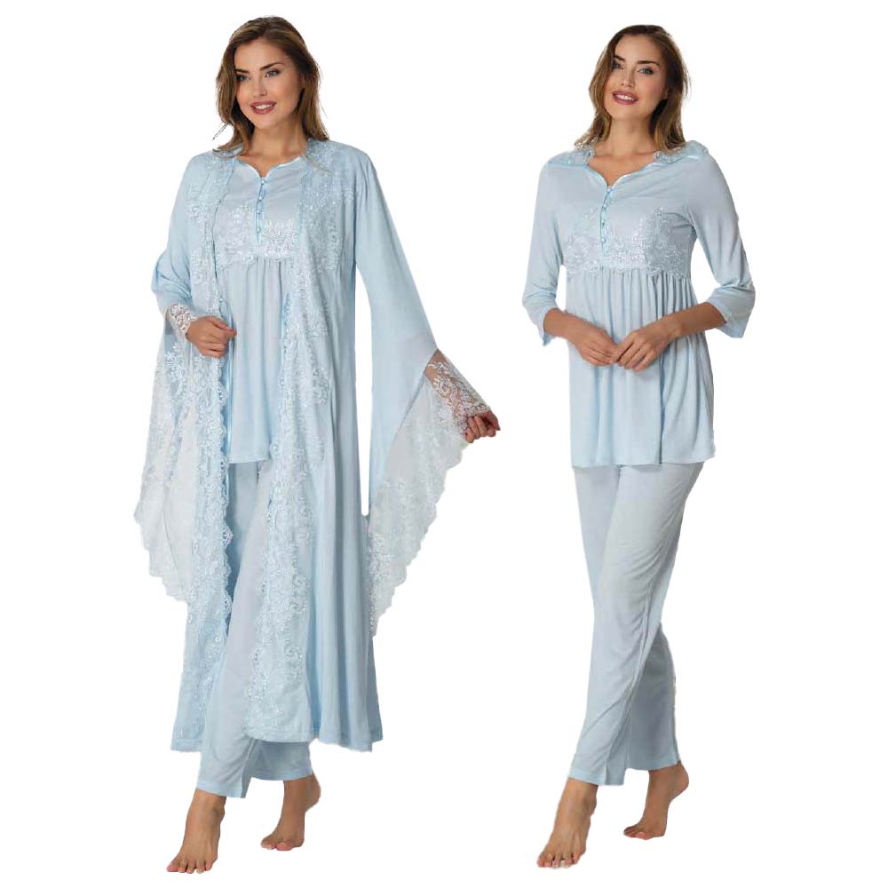Mini Plum - 3pc-set - Lace Maternity PJ Set with Robe - Blue