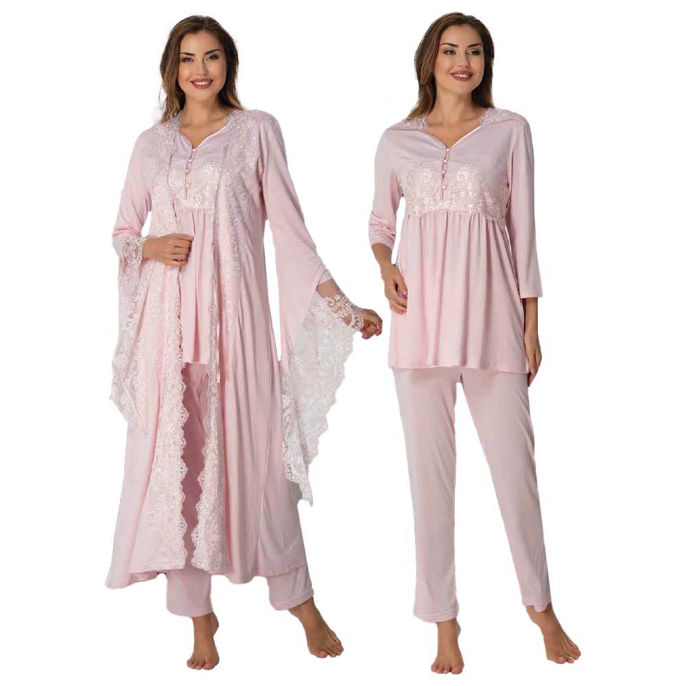 Mini Plum - 3pc-set - Lace Maternity PJ Set with Robe - Pink