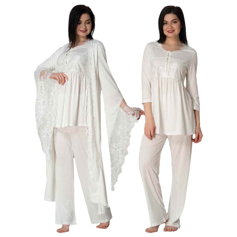 Mini Plum - 3pc-set - Lace Maternity PJ Set with Robe - White