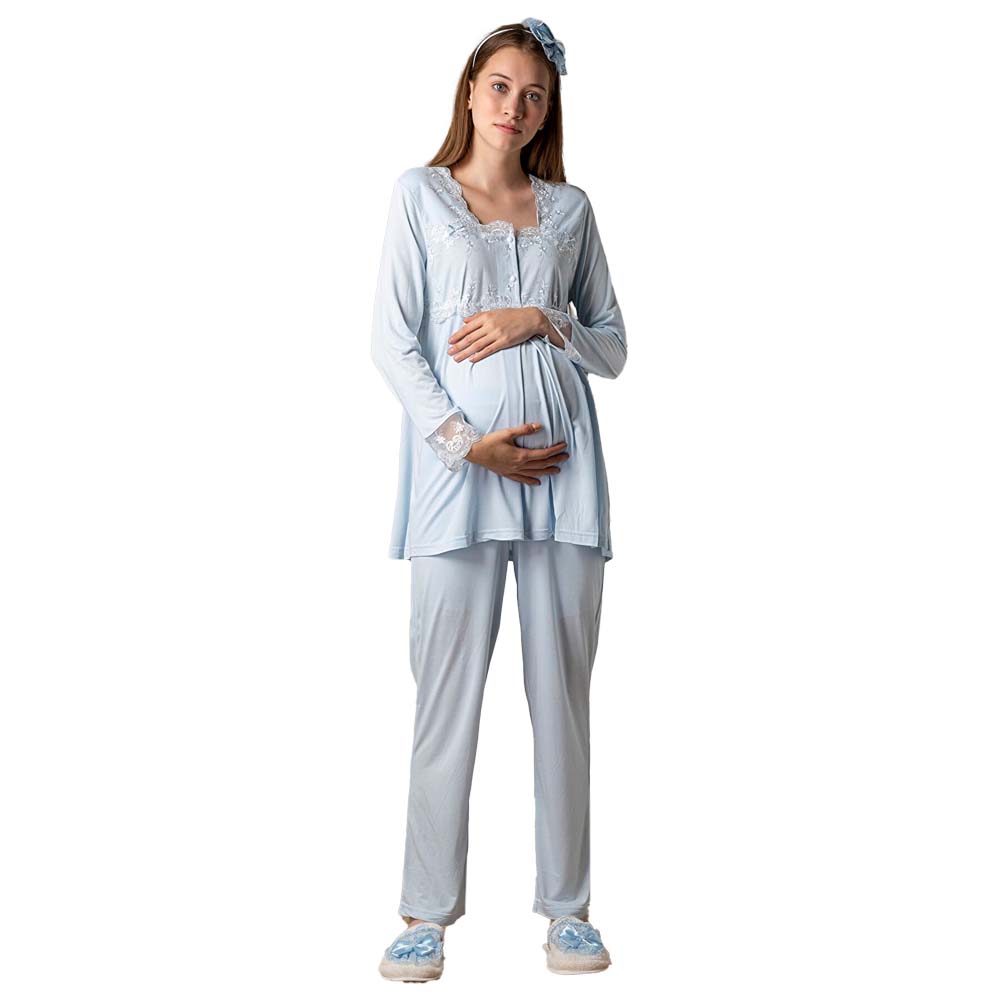 Mini Plum - 3pc-set - Lace Maternity Pajamas with Robe - Blue