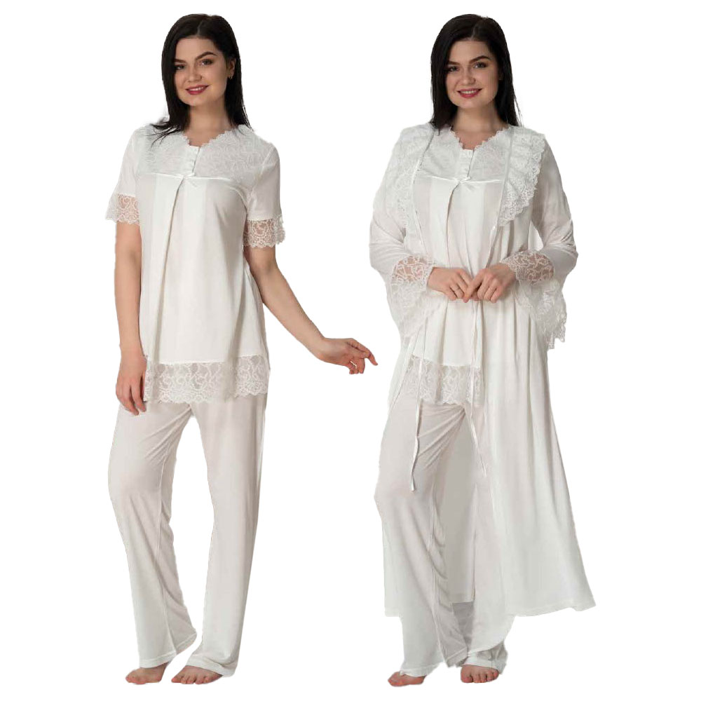 Mini Plum - 3pc-set - Maternity PJ Set with Lace Detail - White