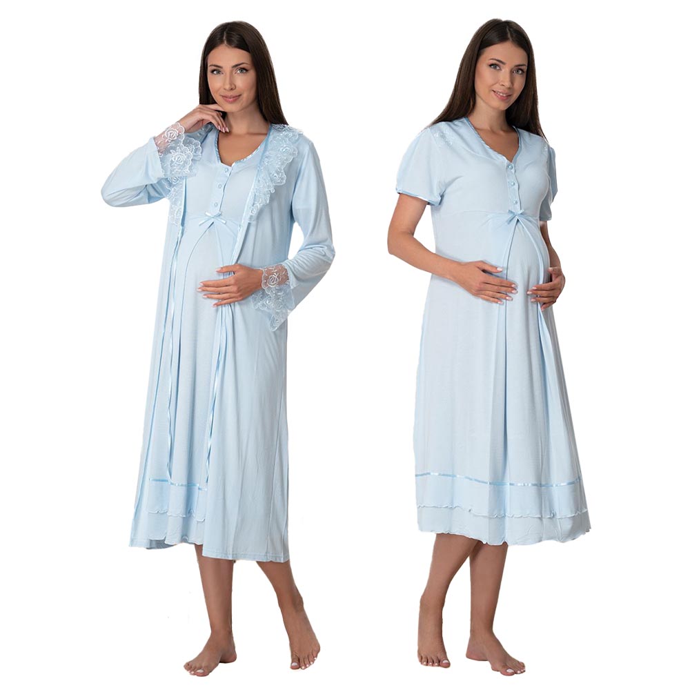 Mini Plum - 2pc-Set Lace Maternity Nightie with Robe - Blue