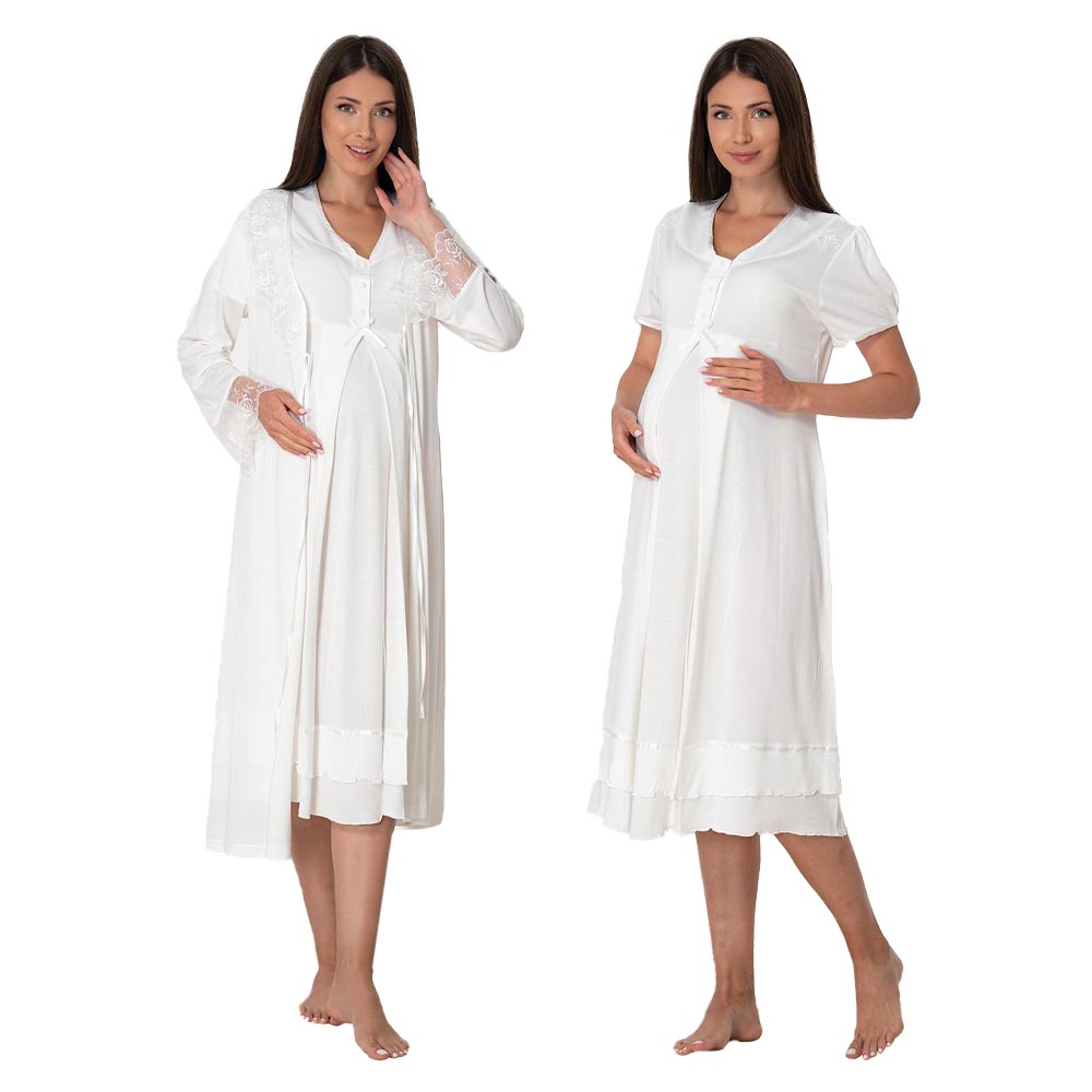 Mini Plum - 2pc-set - Lace Maternity Nightie with Robe - White