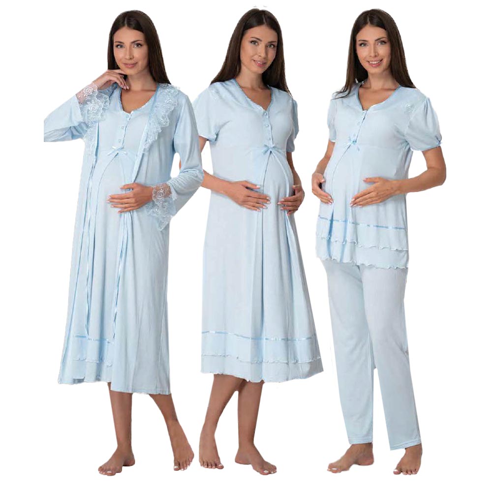 Mini Plum - 4pc-set - Maternity Nightwear with Printed Robe - Blue
