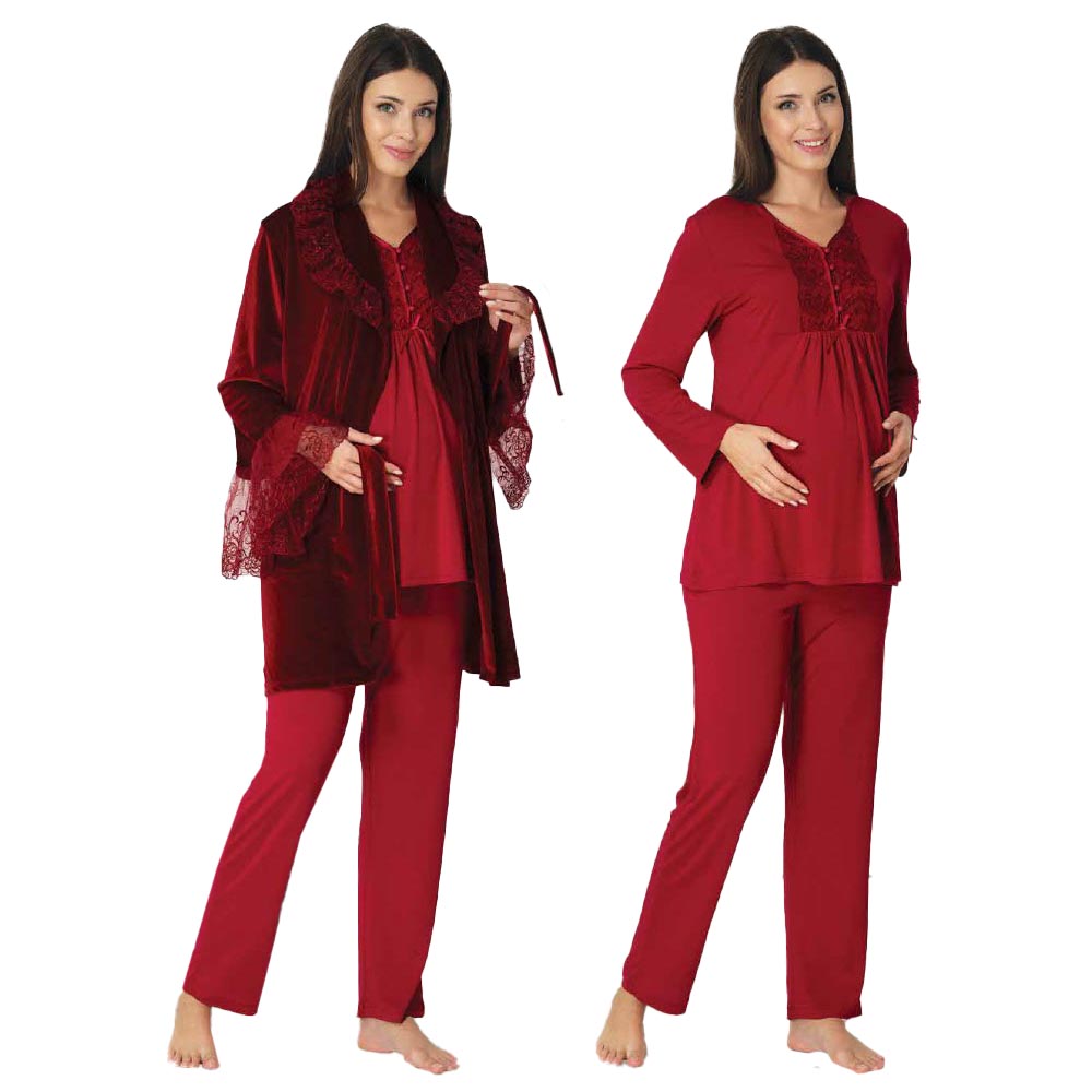 Mini Plum - 3pc-set - Lace Maternity PJ Set with Robe - Red