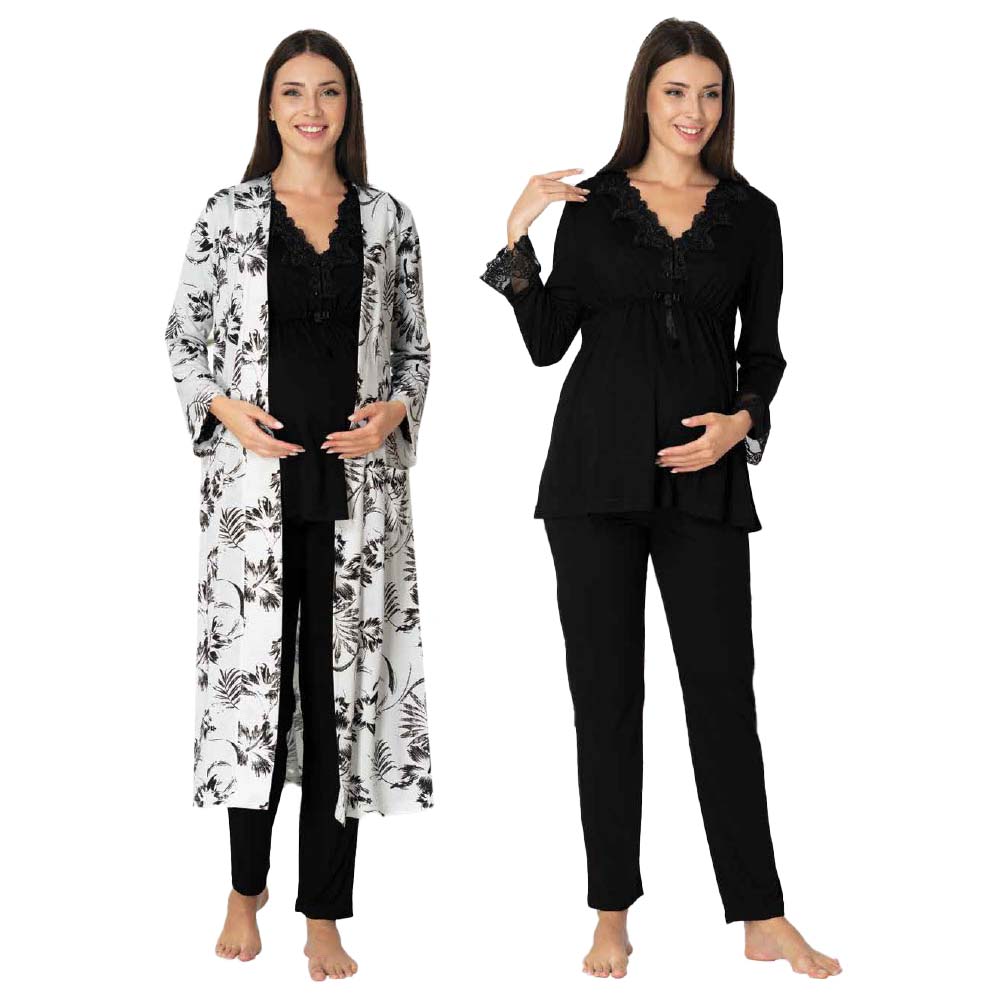 Mini Plum - 3pc-set - Lace Maternity PJ Set with Robe - Black