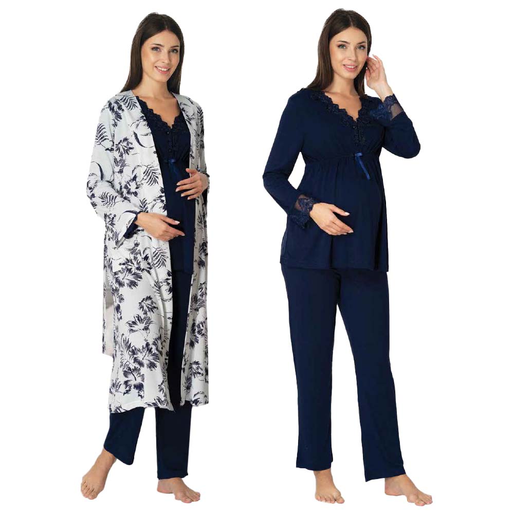 Mini Plum - 3pc-set - Lace Maternity PJ Set with Robe - Navy