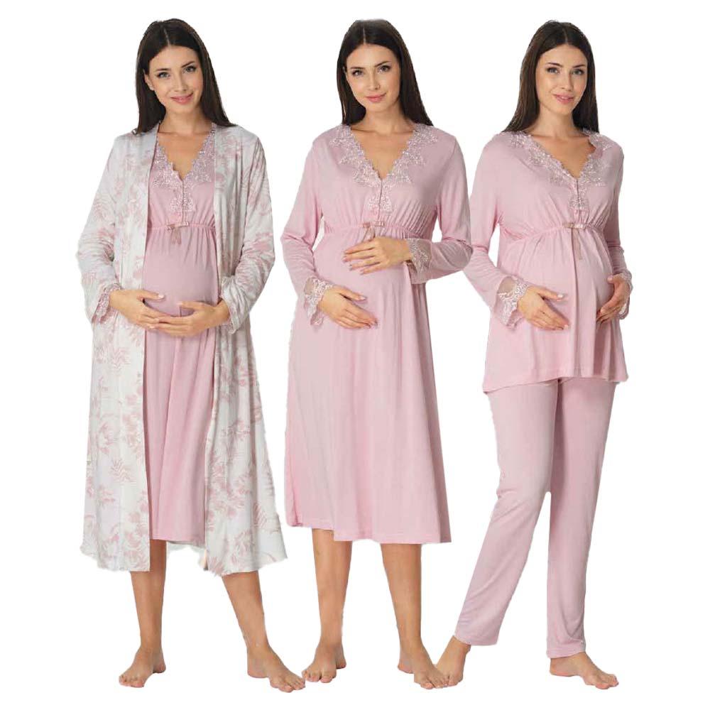 Mini Plum - 4pc-set - Maternity Nightwear with Printed Robe - Pink
