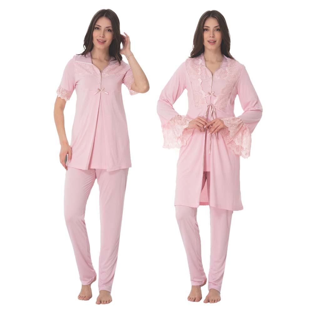 Mini Plum - 3pc-set - Lace Maternity Pajamas with Robe - Pink