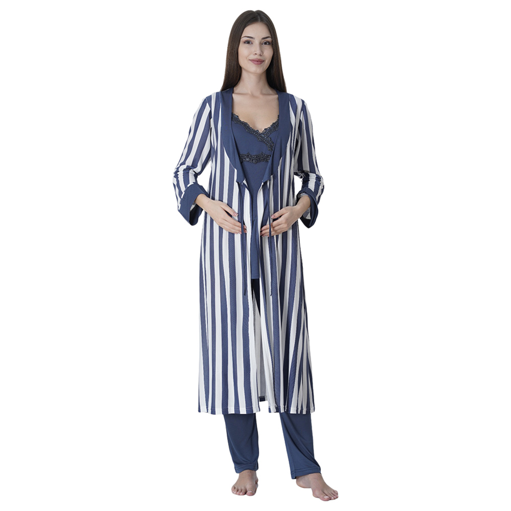 Mini Plum - 3pc-Set - Maternity Pjyamas with Strped Robe - Navy