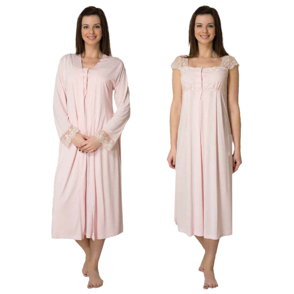 Mini Plum - 2pc-set - Maternity Nightie & Robe with Lace - Pink