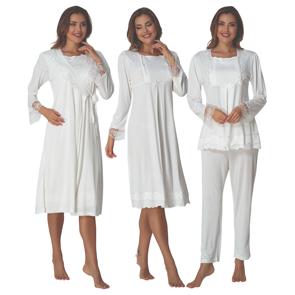 Mini Plum - 4pc-Set - Lace Sleeves Maternity Nightie & Robe - White