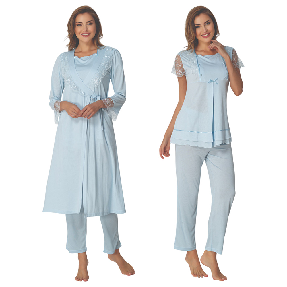 Mini Plum - 3pc-Set - Maternity Pjyamas with Lace Neckline - Blue
