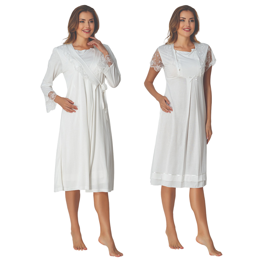 Mini Plum - 2pc-set - Lace Maternity Nightwear with Robe - White