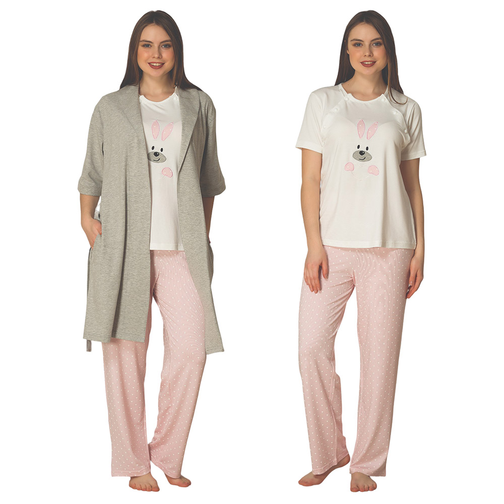Mini Plum - 3pc-Set - Maternity Pjyamas with Lace Details - Pink/White