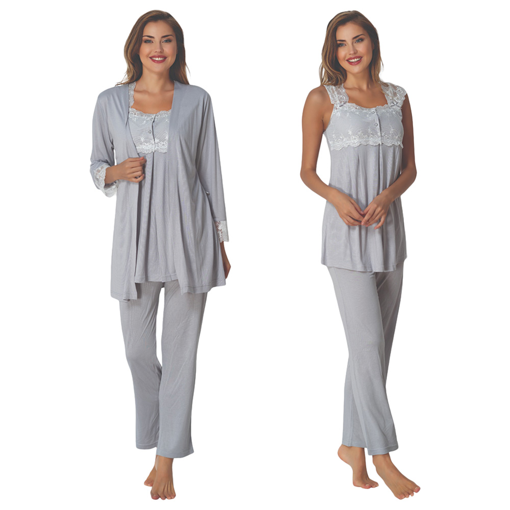 Mini Plum - 3pc-Set - Maternity Pjyamas with Lace Details - Grey