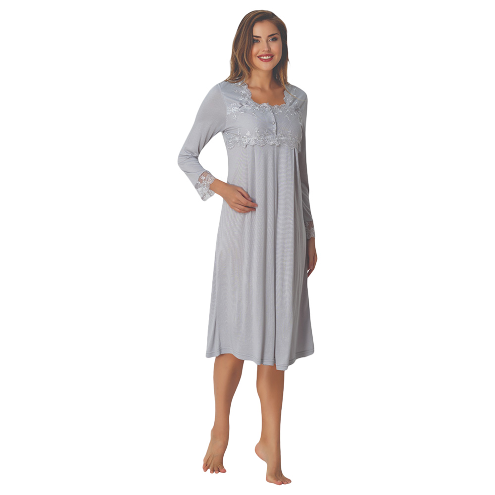 Mini Plum - Maternity/Breastfeeding Nightie with Lace Sleeves - Grey