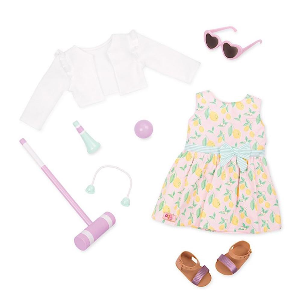 Our Generation – Tenue Deluxe Ananas – T-shirt, Short, Sandales, Sac, Bandeau, Verre – Dès 3 Ans
