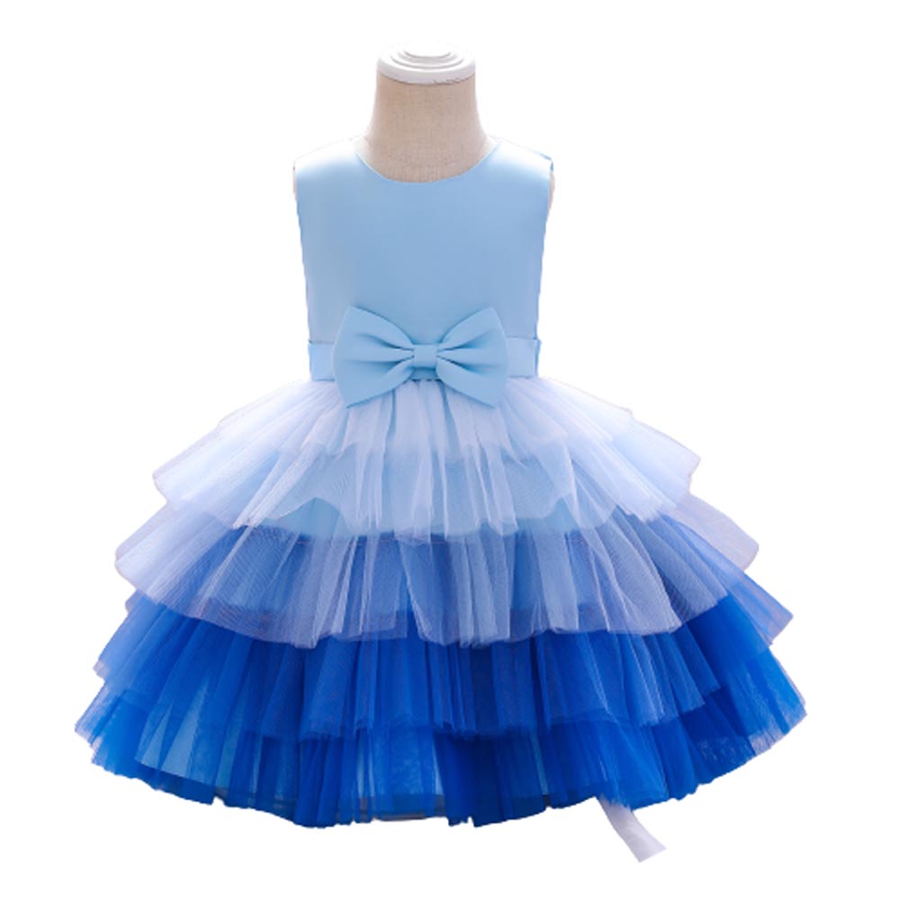 D' Daniela Toddler Bow Front Ombre Layered Gown - Blue